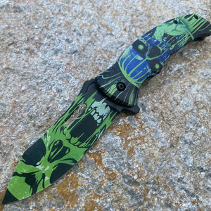 FOLDING KNIFE STAINLESS STEEL BLADE BLACK GREEN CAT SKULL PRINTED ARTWORK