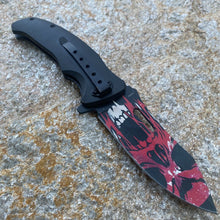 Load image into Gallery viewer, FOLDING KNIFE STAINLESS STEEL BLADE BLACK RED CAT SKULL PRINTED ARTWORK