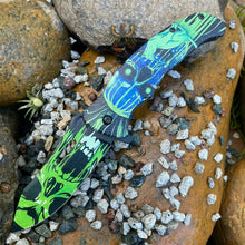 Load image into Gallery viewer, FOLDING KNIFE STAINLESS STEEL BLADE BLACK GREEN CAT SKULL PRINTED ARTWORK
