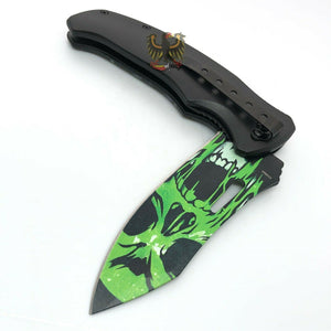 FOLDING KNIFE STAINLESS STEEL BLADE BLACK GREEN CAT SKULL PRINTED ARTWORK