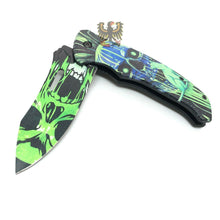 Load image into Gallery viewer, FOLDING KNIFE STAINLESS STEEL BLADE BLACK GREEN CAT SKULL PRINTED ARTWORK