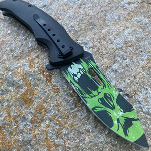 FOLDING KNIFE STAINLESS STEEL BLADE BLACK GREEN CAT SKULL PRINTED ARTWORK